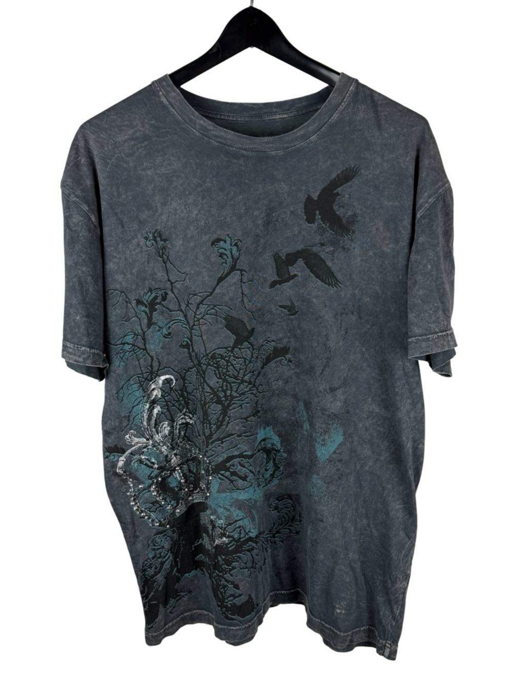 Mens Y2K Dominus Grunge Acid Wash Black Crow Graphic Shirt Size XL